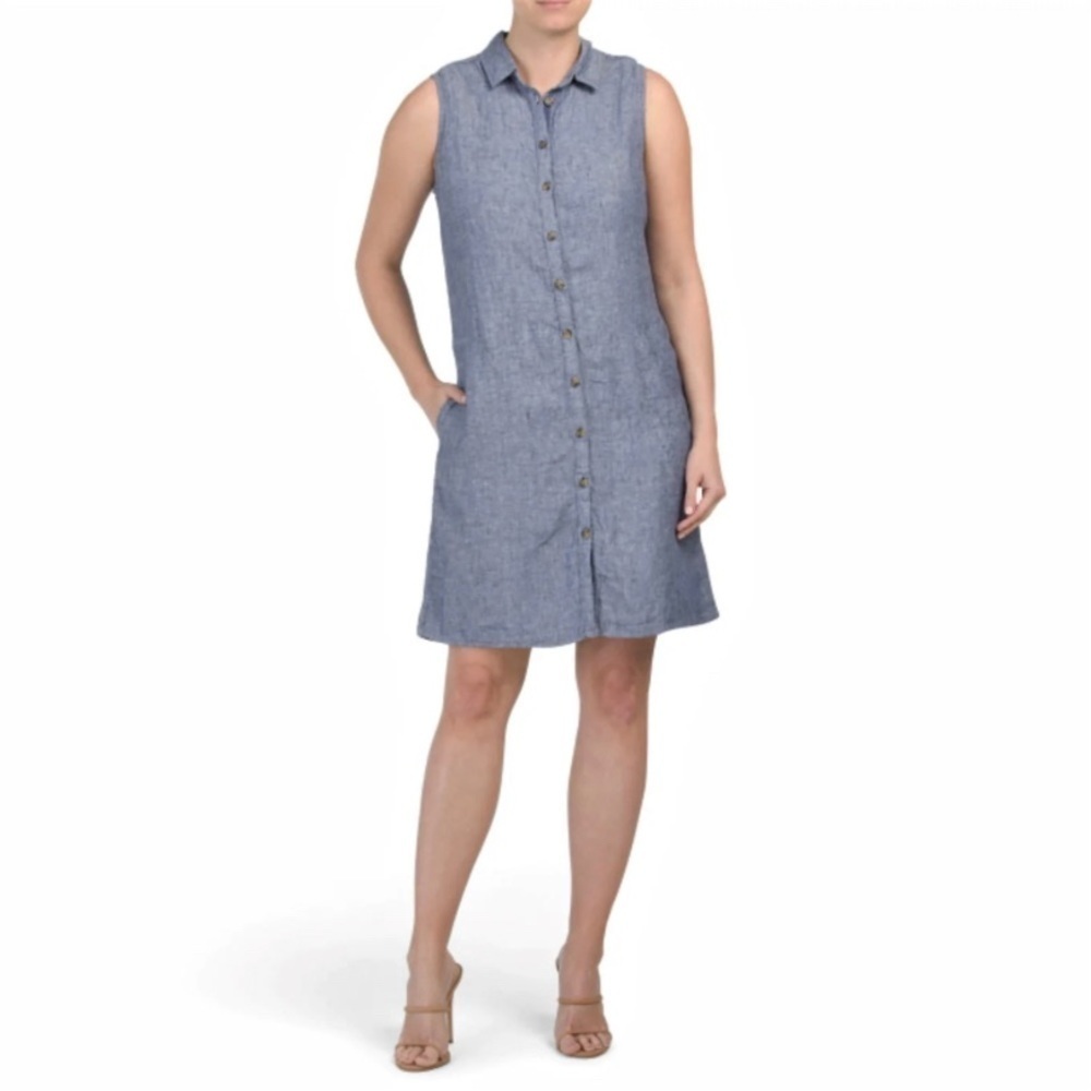 TAHARI Linen Chambray Button Down Shirtdress Pockets Sz S